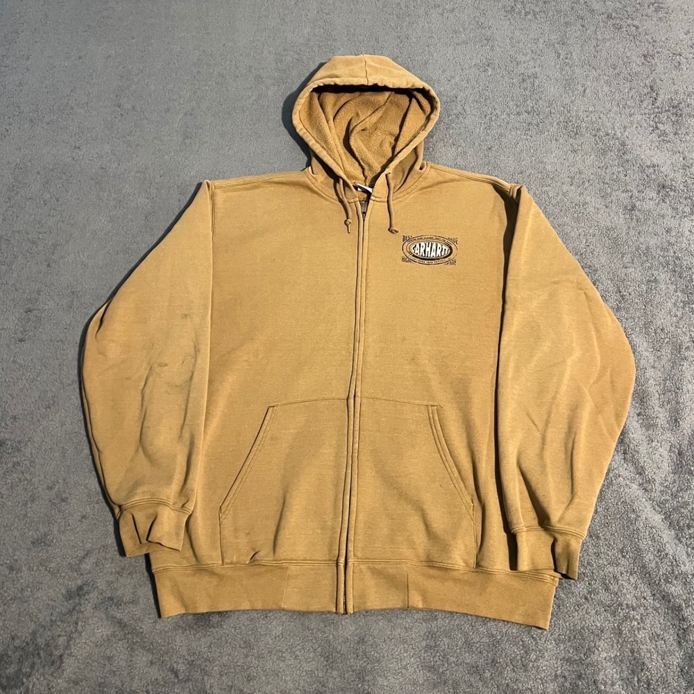 Vintage 90s Carhartt Mens XL Full Zip Hoodie Tan Back Logo Workwear Jacket